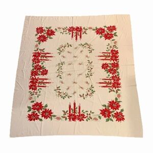 VTG  50’s Cotton Print Tablecloth Christmas Pinecones Poinsettias Candles 58X68